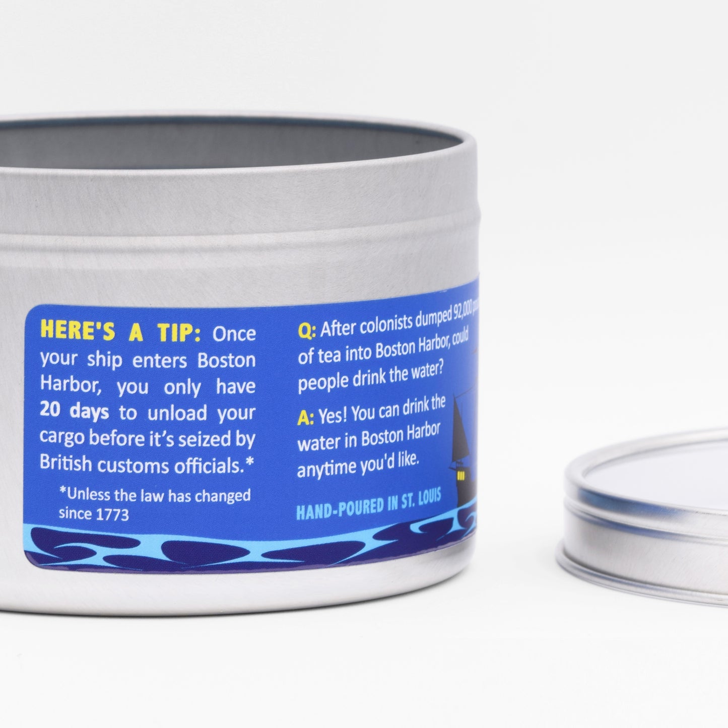 The candle label is packed with jokes and fun facts about the Boston Tea Party.