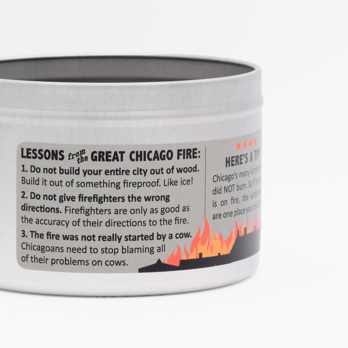 The label includes fun facts about the Great Chicago Fire, including this list of lessons from the Great Chicago Fire.