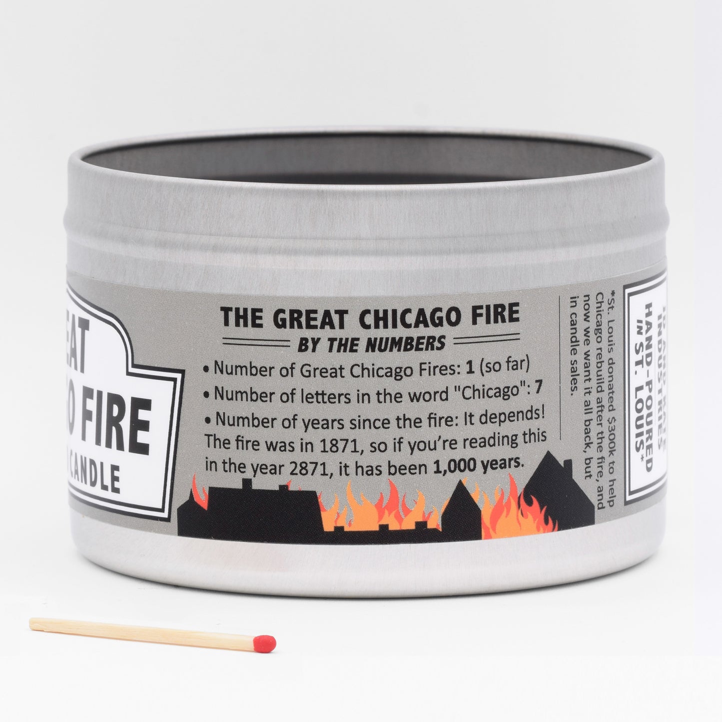 The label has fun facts about the Great Chicago Fire, making it an entertaining and informative candle.