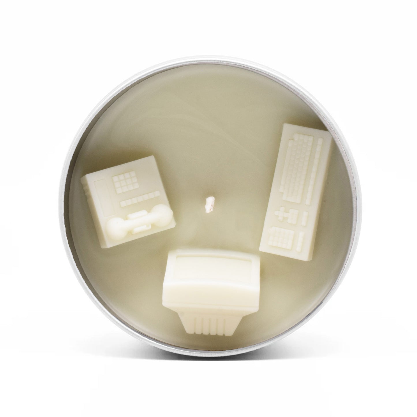 The Coworker Gift candle has a wax telephone, computer monitor, and keyboard on its surface. These are all of your coworker's favorite things!