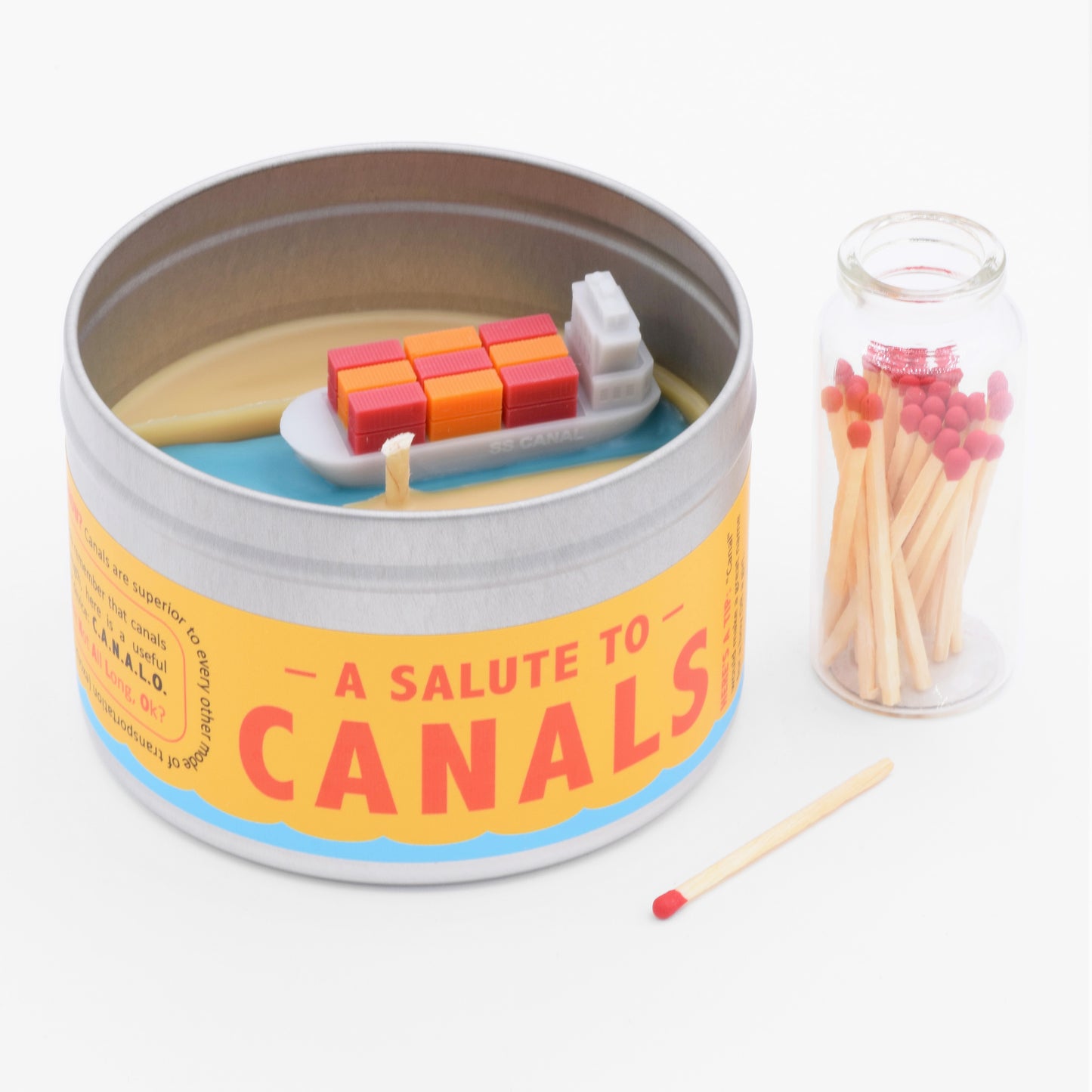 The Salute to Canals candle is a weird and funny gift for anyone who loves canals or container ships.