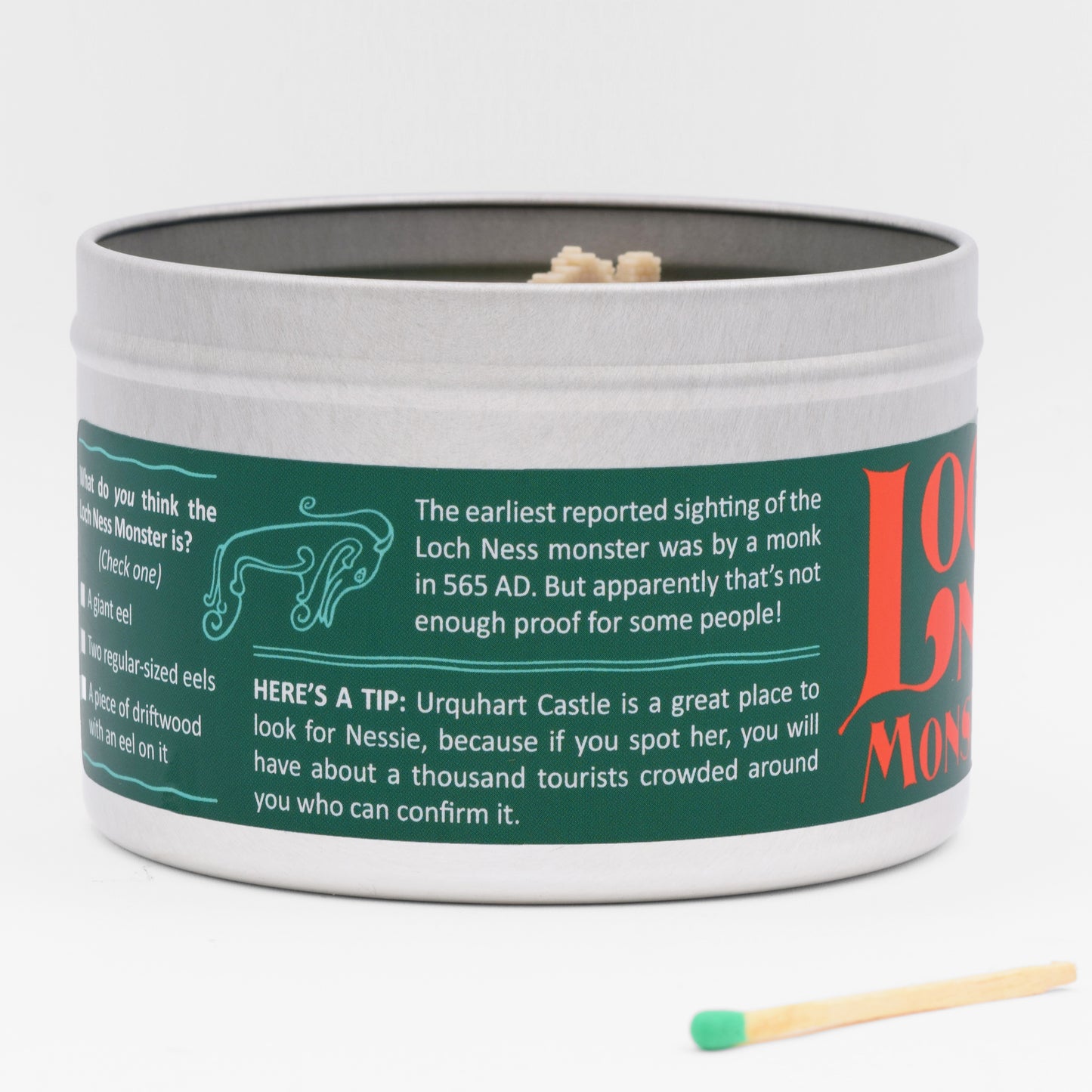The label includes fun facts and history about the Loch Ness Monster, making it a perfect gift for travel enthusiasts and Scotland lovers.