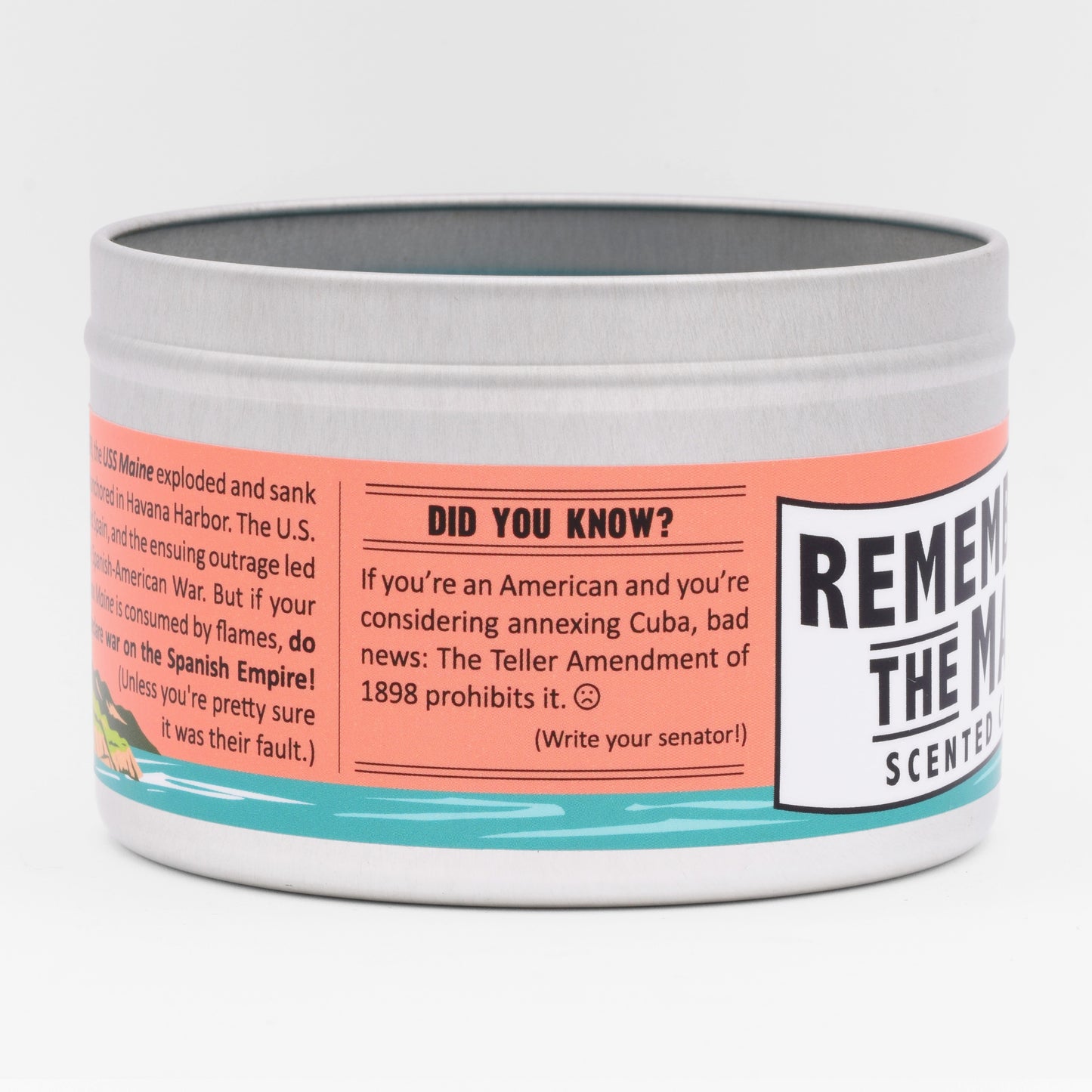 The candle label is humorous and surprisingly educational.