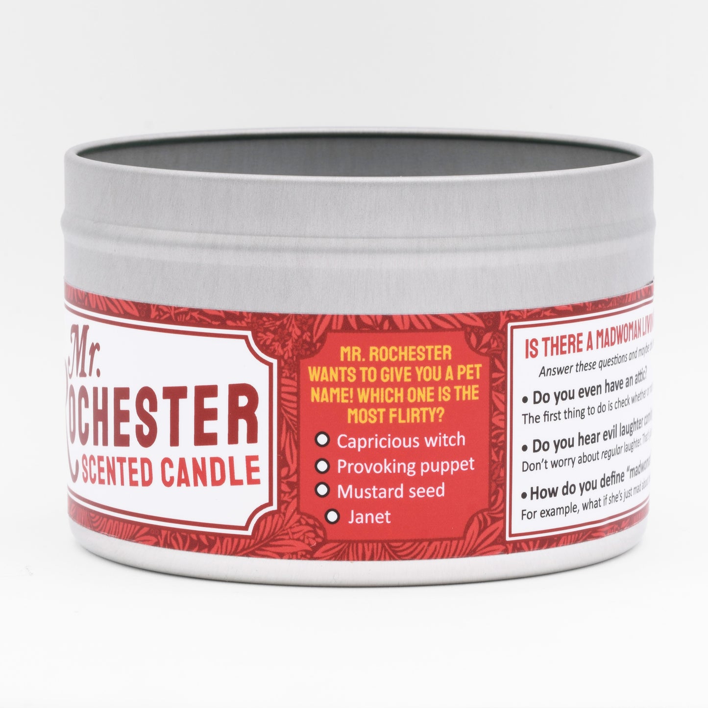 The candle has a humorous label which makes it a funny gift for people who love classic literature or romance novels.