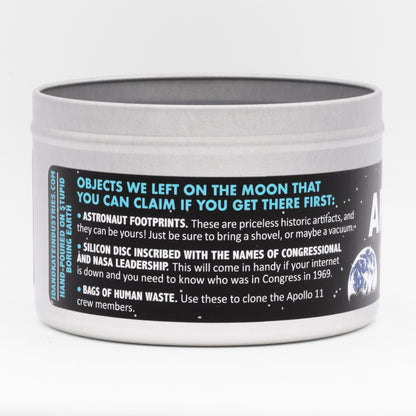 The Apollo 11 Scented Candle has a funny label with interesting facts about the moon landing.