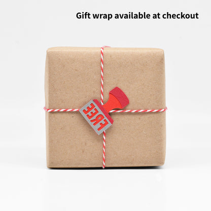 The gift wrap features the "Free" stamp sculpture in Cleveland, Ohio. 