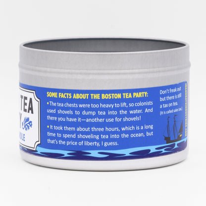 The candle label includes fun facts about the Boston Tea Party, making it a both entertaining and educational gift.