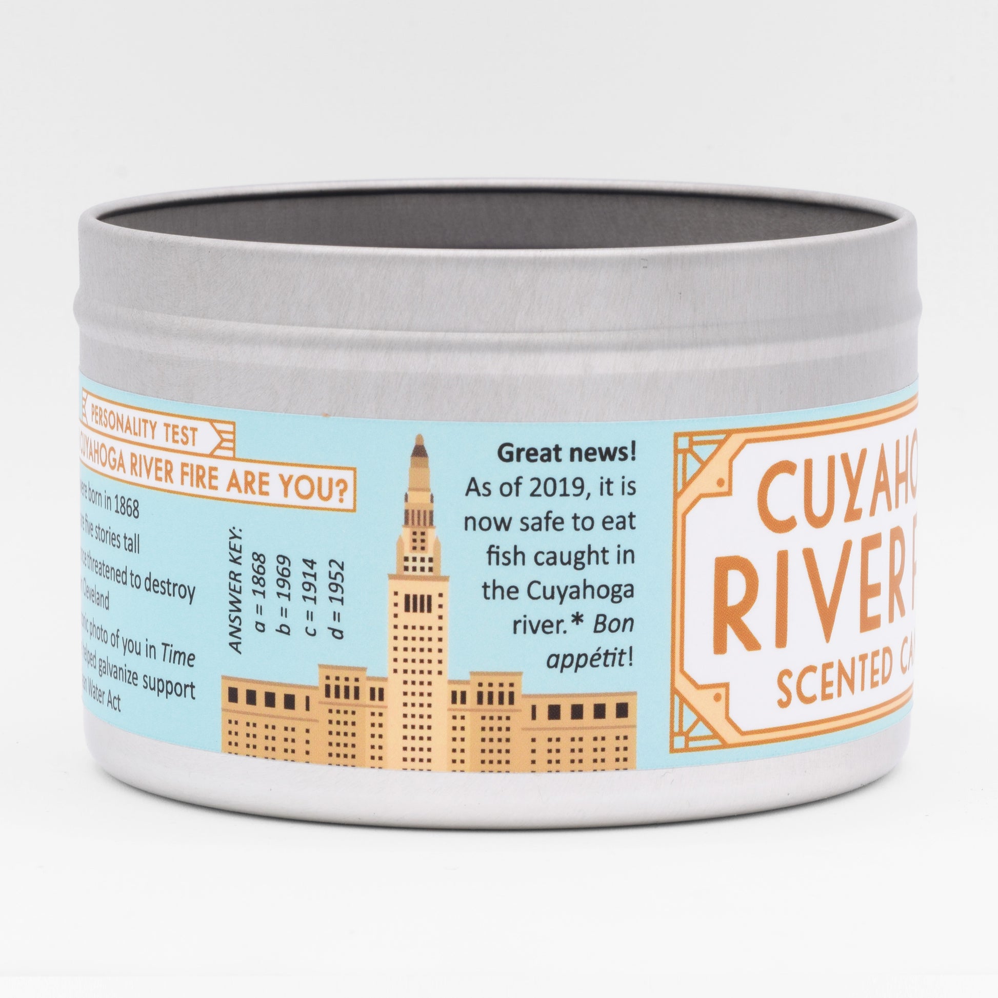 The label includes fun facts about the Cuyahoga River that runs through Cleveland.