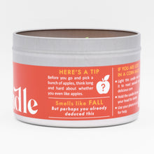 Load image into Gallery viewer, The Fall Candle has a funny label with tips for apple picking. 