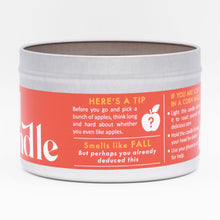 Load image into Gallery viewer, The Fall Candle has a humorous label with funny tips for apple picking.