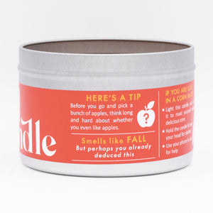 The Fall Candle has a humorous label with funny tips for apple picking.