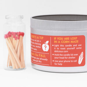 The Fall Candle label includes funny tips for what to do if you are lost in a corn maze.