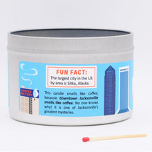 Load image into Gallery viewer, The candle has a funny label that includes fun facts about Jacksonville, Florida.