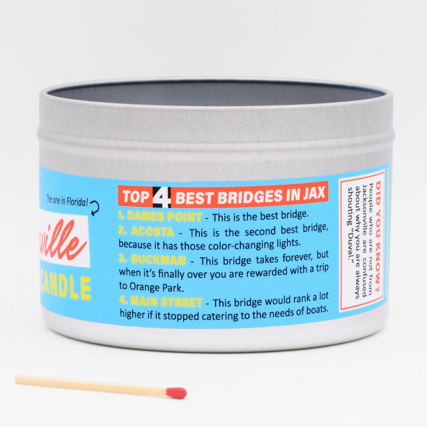 The label includes a ranking of the best bridges in Jacksonville, Florida. 