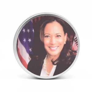 Kamala Harris photo on the candle lid